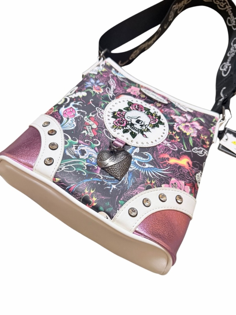 🌼💚NWT Ed Hardy Women's Slim Skull & Roses Crossbody Bag - Black & Pink - Picture 3 of 10